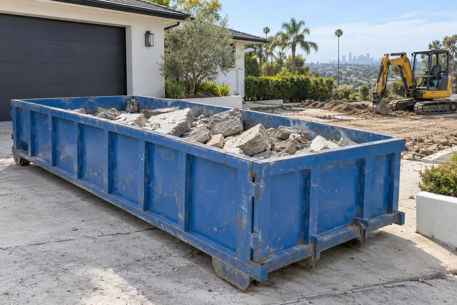 A low-sided roll-off container holding clean broken concrete