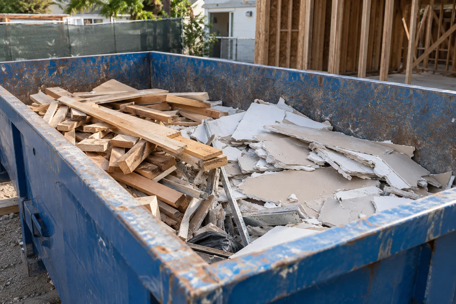 Lumber and drywall debris sorted inside a roll-off container