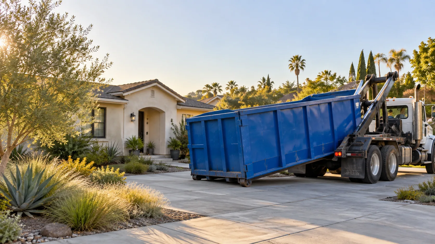 A blue roll-off container being delivered to a Los Angeles driveway