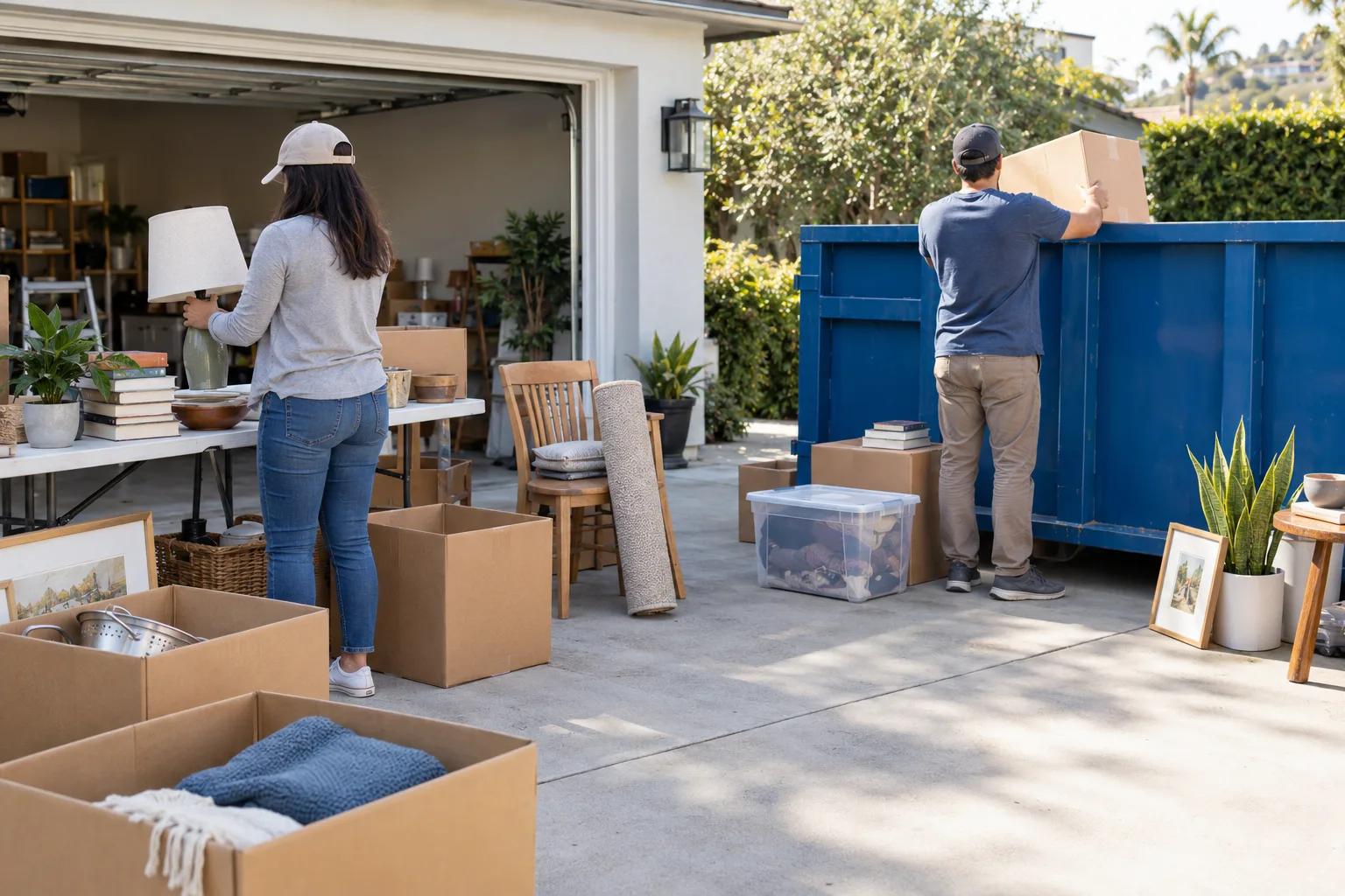People loading ordinary household cleanout material into a roll-off container