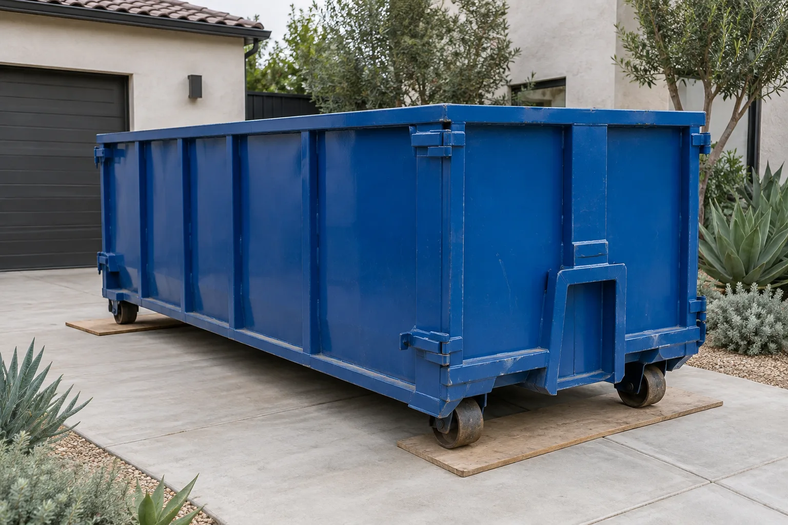 A roll-off container set on protective boards in a residential driveway