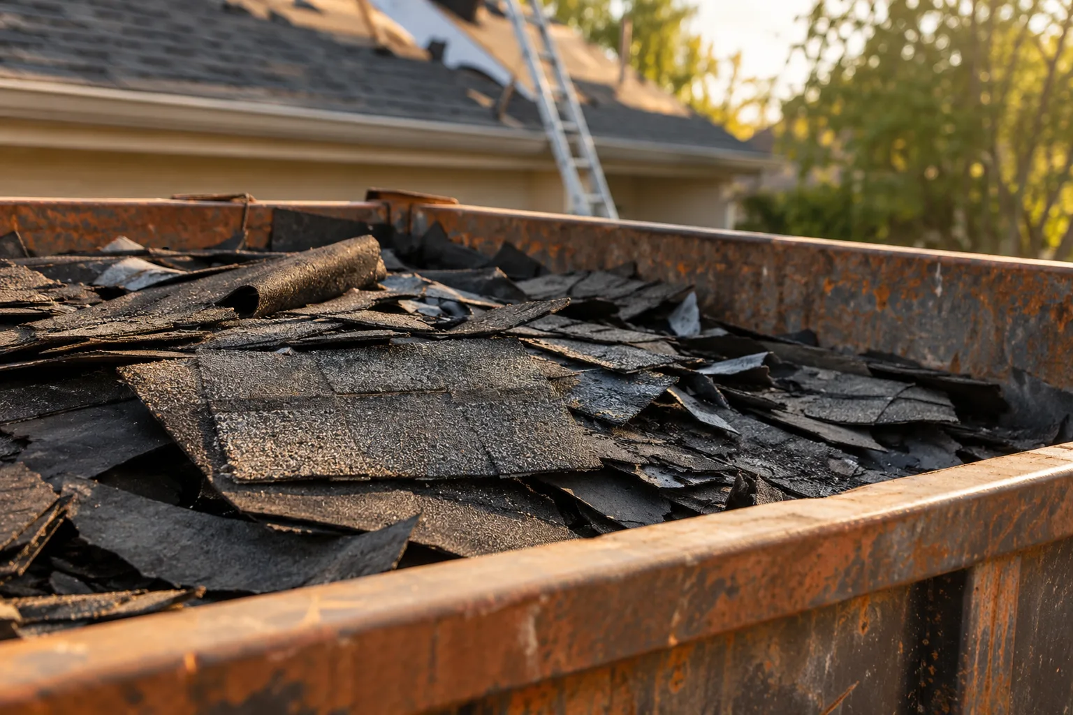 Asphalt shingles loaded below the rim of a roll-off container