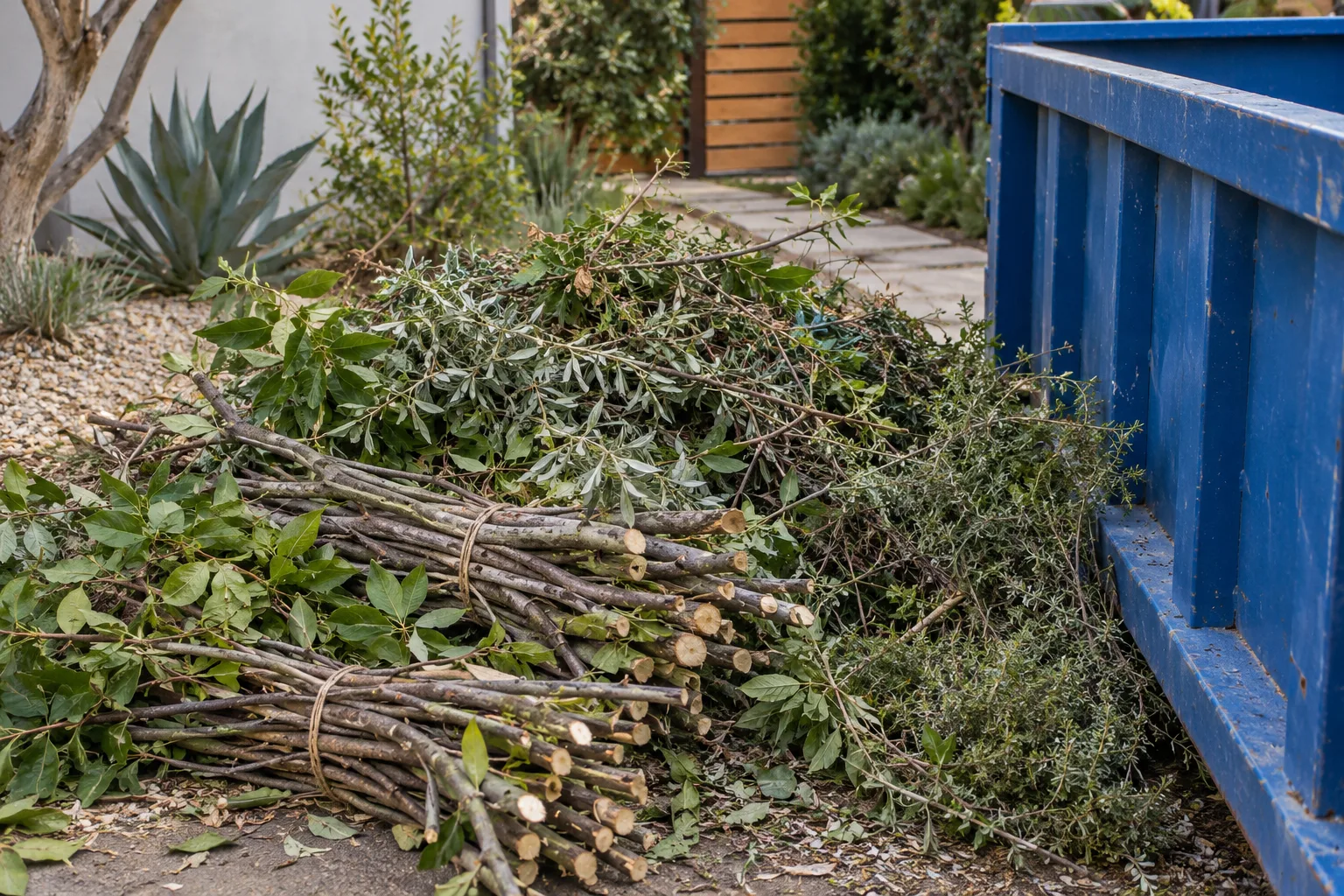 Cut branches staged beside a roll-off container